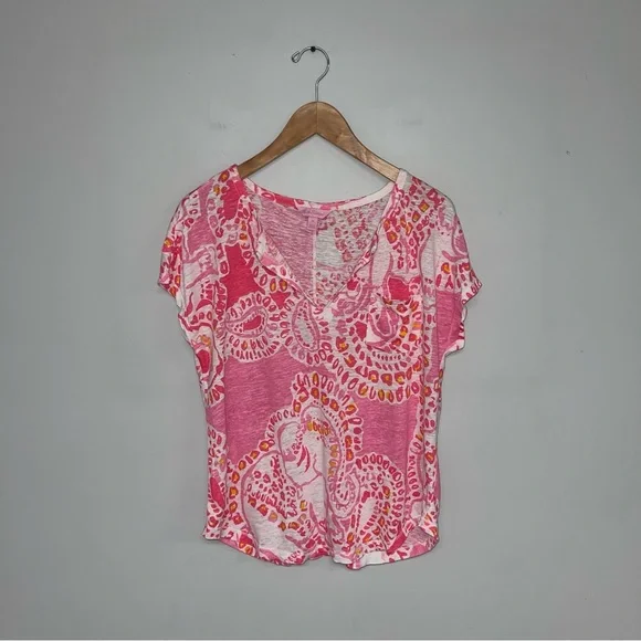 Lilly Pulitzer Duval Top Women’s Size Medium Hot Coral Trunk in‎ Love Linen - Picture 2 of 7